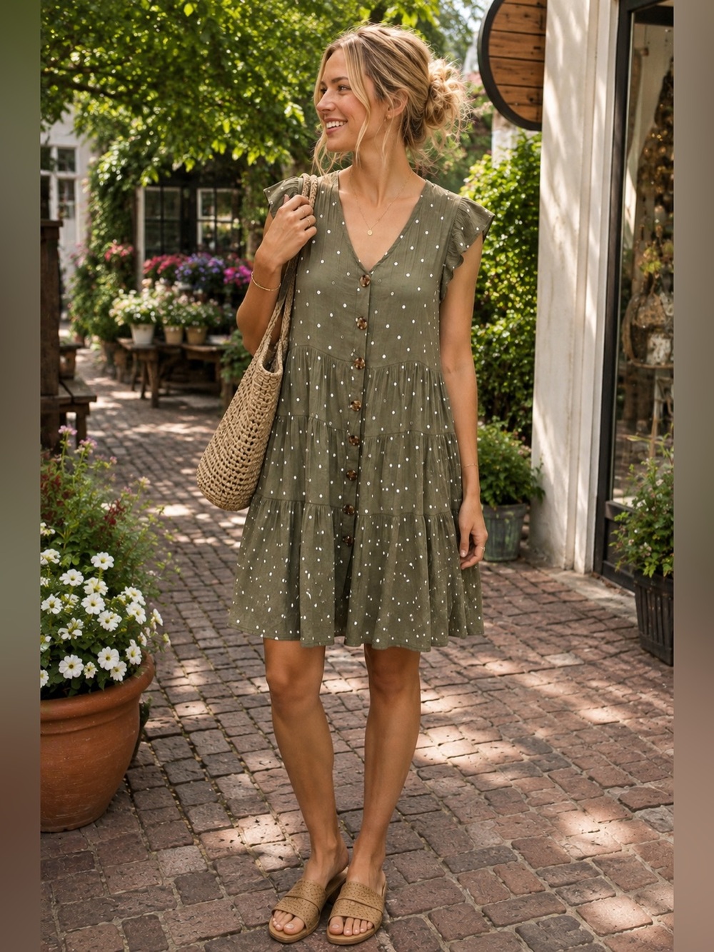 Altar’d State Eliza Olive Green Polka Dot Tiered Button Front Dress M
